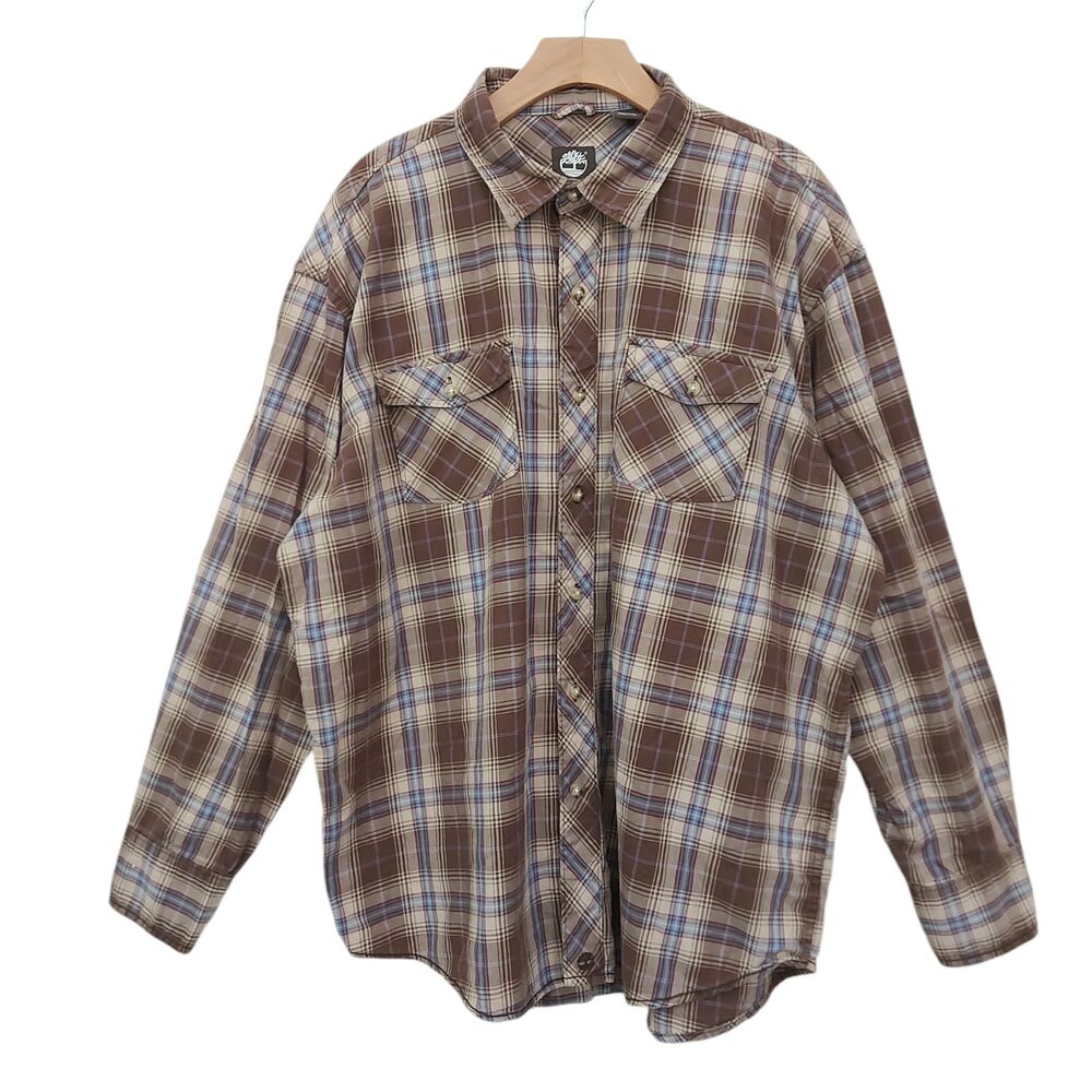 Timberland Flannel Shirt Mens XXL Brown Plaid Long Sleeve Cotton Outdoor Travel